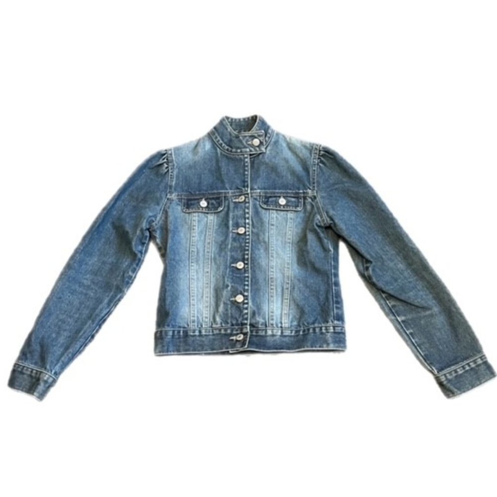 Old Navy Demin Jacket Medium Wash Collarless with Pleated Shoulder Size XS
